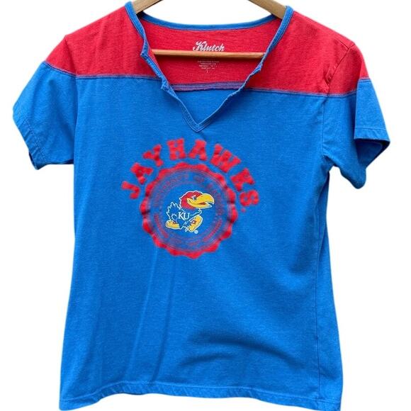 Kansas Jayhawks KU NCAA Klutch apparel Woman's Red blue t-shirt Size Medium - Picture 1 of 5